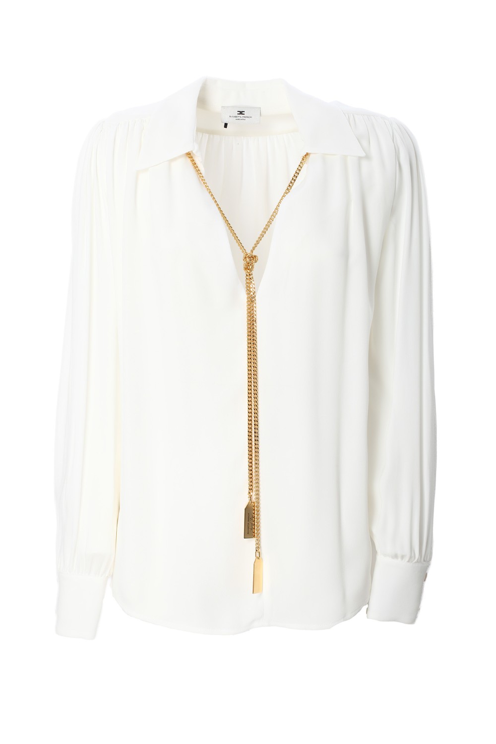 shop ELISABETTA FRANCHI  Camicia: Elisabetta Franchi blusa in georgette con charms collana.
Camicia in doppia georgette a maniche lunghe con scollo a V e arricciatura sulle spalle. 
Collana removibile con charms logo.
Composizione: 100% Viscosa.
Vestibilità: regular.
Made in Italy.. CA09345E2-360 number 4783388